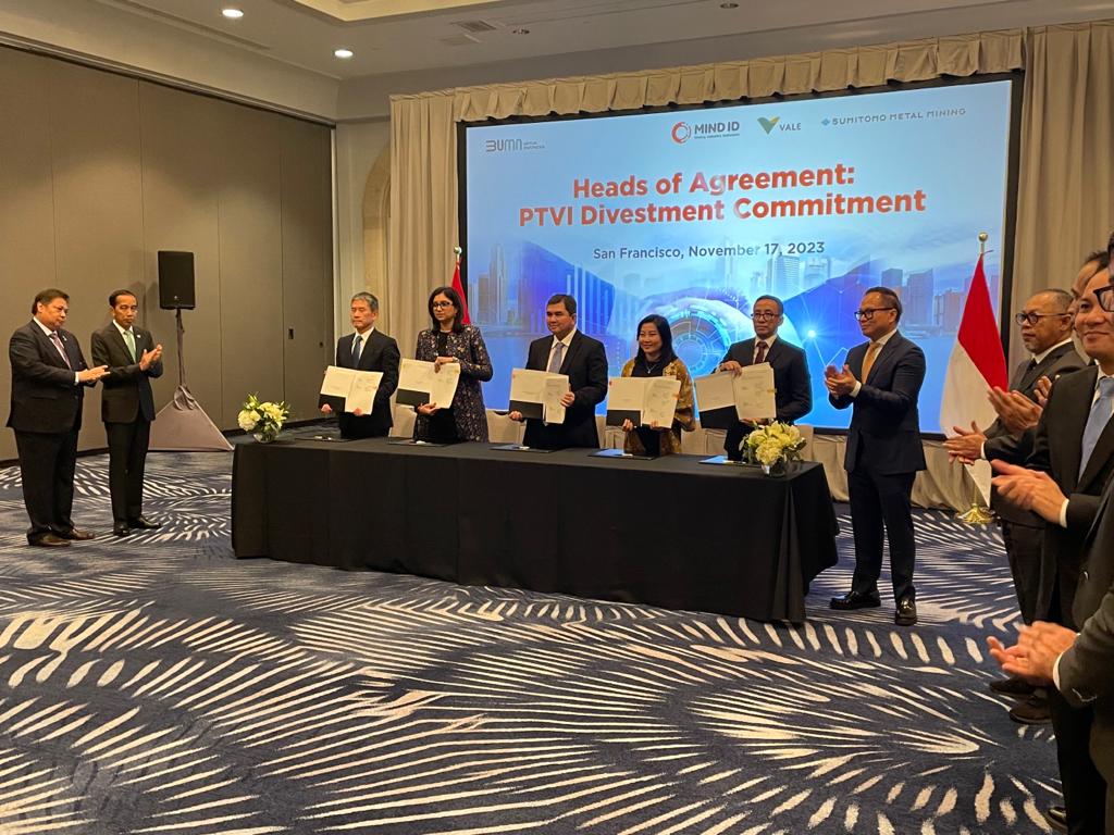PT Vale Indonesia Tbk in conjunction with its shareholders, including Vale Canada Limited, PT Mineral Industri Indonesia (MIND ID), and Sumitomo Metal Mining Co., Ltd, signing of a Heads of Agreement in San Fransisco, United States of America, November 17th, 2023.
